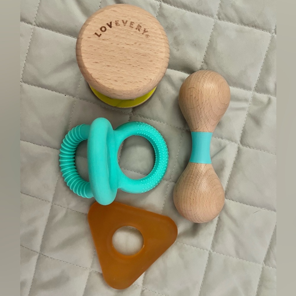 EUC Lovevery The Charmer Kit Elements: Rolling Bell, Two Teethers, Wooden Rattle
